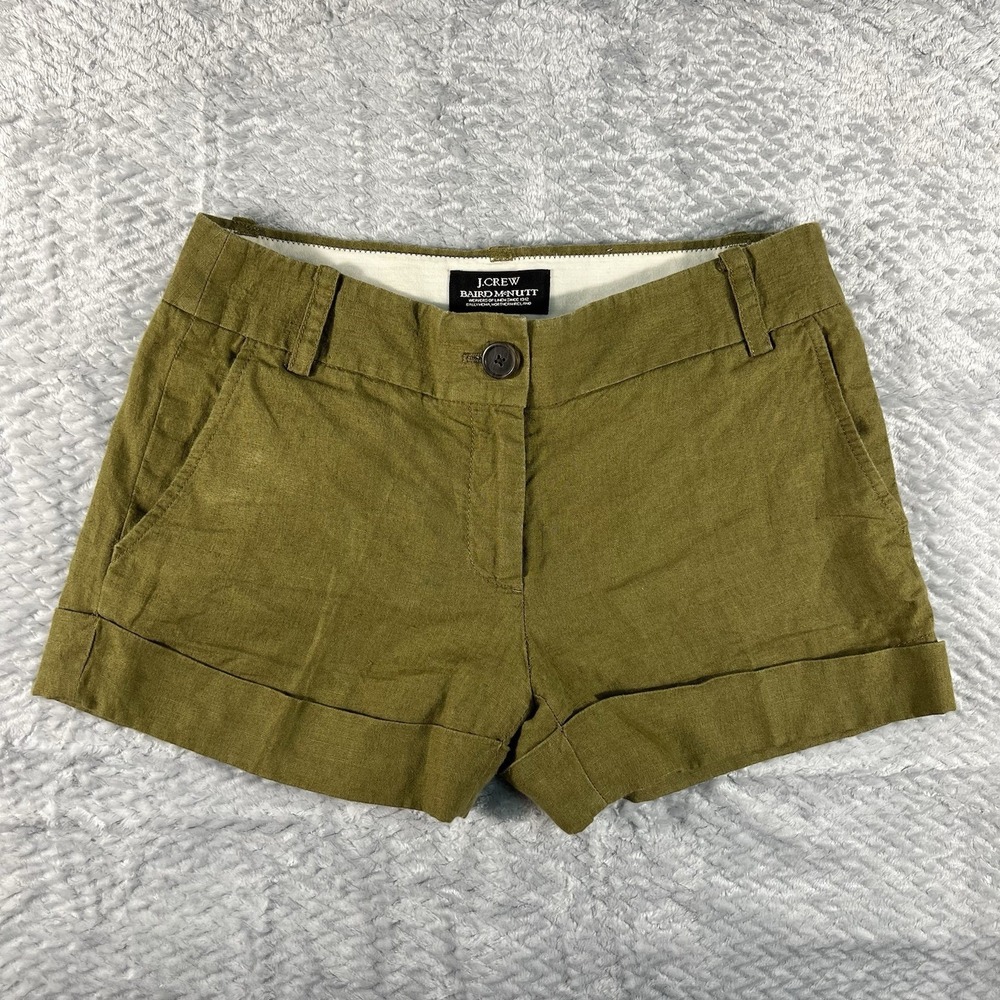 J Crew Baird McNutt Shorts Womens 2 Irish Linen City Fit Safari Green Cuffed